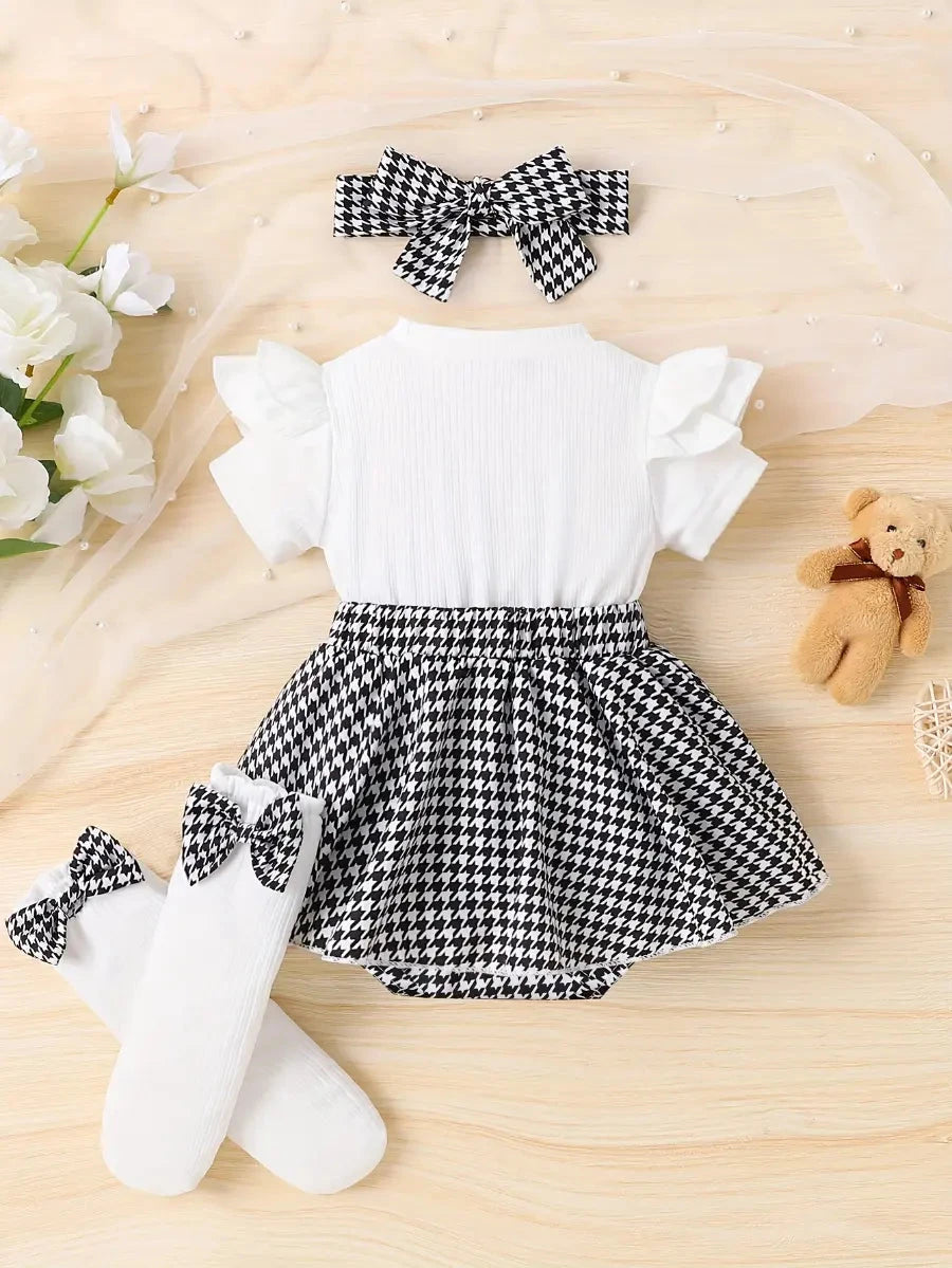 Conjunto Body Bebê Menina 3 Peças Macacão Saia Pied-de-Poule Manga Borboleta com Tiara e Meias Conjunto Menina 10 Kabannas 