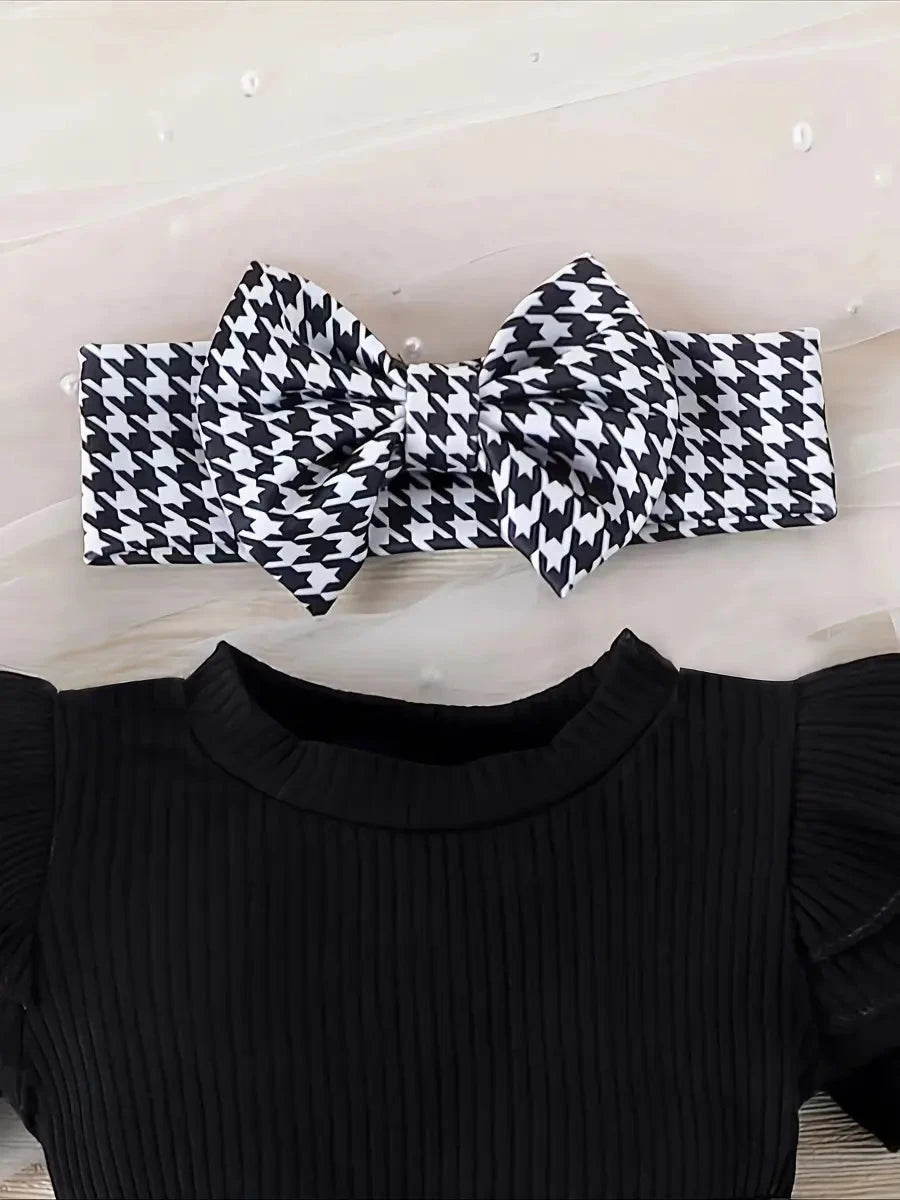Conjunto Body Bebê Menina 3 Peças Macacão Saia Pied-de-Poule Manga Borboleta com Tiara e Meias Conjunto Menina 10 Kabannas 
