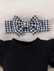 Conjunto Body Bebê Menina 3 Peças Macacão Saia Pied-de-Poule Manga Borboleta com Tiara e Meias Conjunto Menina 10 Kabannas 