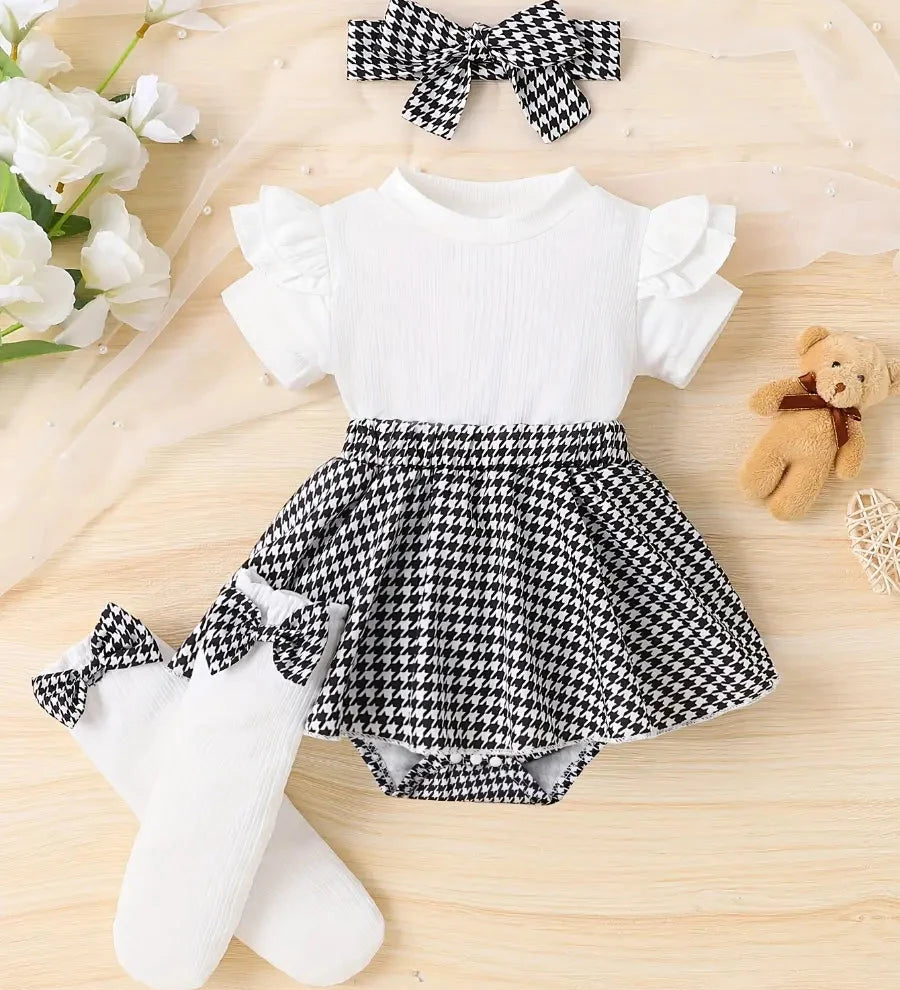 Conjunto Body Bebê Menina 3 Peças Macacão Saia Pied-de-Poule Manga Borboleta com Tiara e Meias Conjunto Menina 10 Kabannas Branco 0-3 Meses 