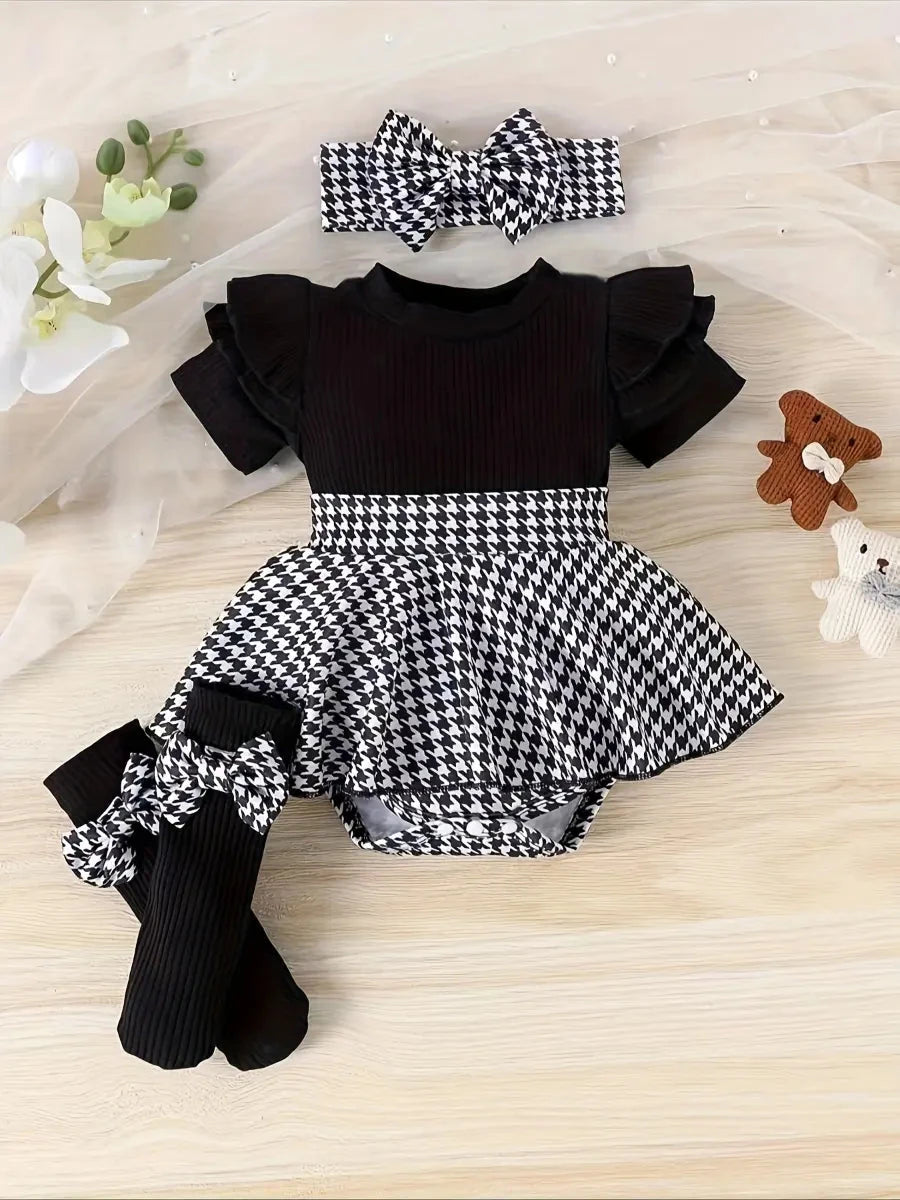 Conjunto Body Bebê Menina 3 Peças Macacão Saia Pied-de-Poule Manga Borboleta com Tiara e Meias Conjunto Menina 10 Kabannas Preto 0-3 Meses 