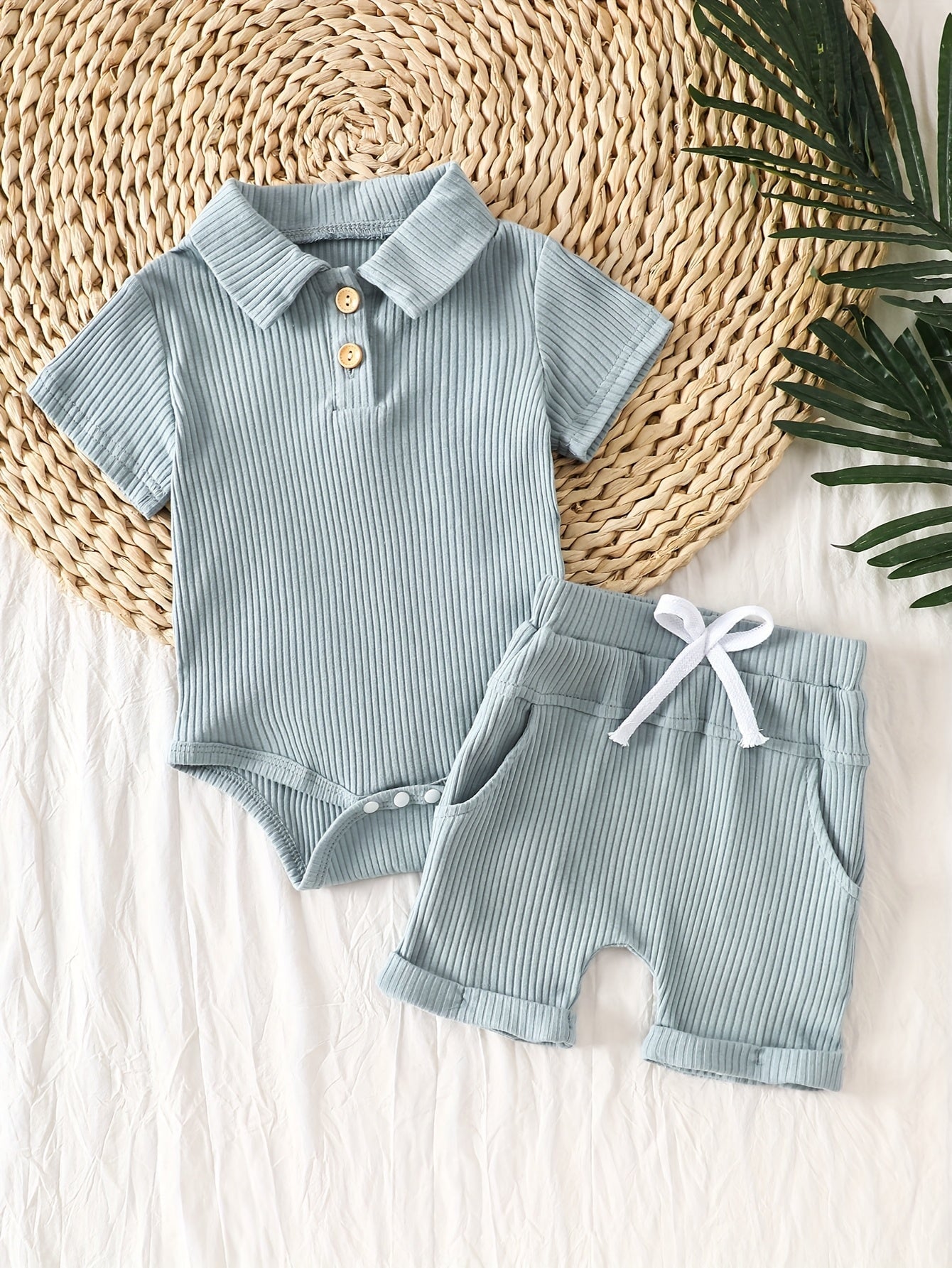 Conjunto Body Macacão e Shorts Bebê Menino Polo Canelado Manga Curta Conjunto Menino 24 Kabannas Azul 0-3 Meses 