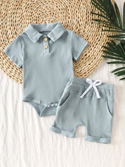 Conjunto Body Macacão e Shorts Bebê Menino Polo Canelado Manga Curta Conjunto Menino 24 Kabannas Azul 0-3 Meses 
