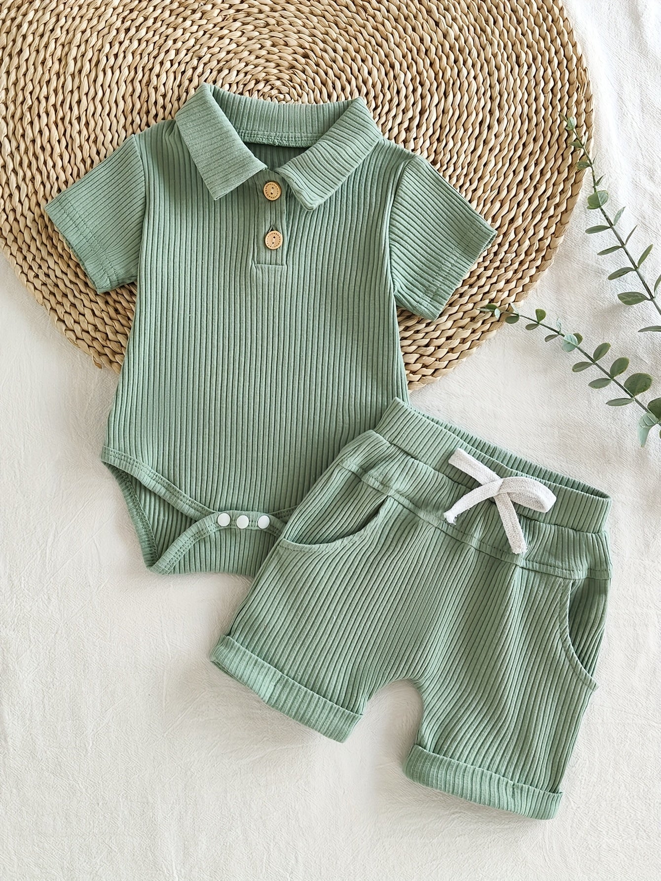 Conjunto Body Macacão e Shorts Bebê Menino Polo Canelado Manga Curta Conjunto Menino 24 Kabannas Verde 0-3 Meses 