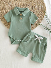 Conjunto Body Macacão e Shorts Bebê Menino Polo Canelado Manga Curta Conjunto Menino 24 Kabannas Verde 0-3 Meses 
