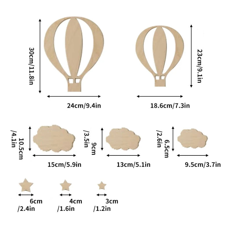 Conjunto de Adesivos de Parede Balão de Ar Quente em Madeira - 13 Peças Acessórios Decorativos de Parede 03 Kabannas 