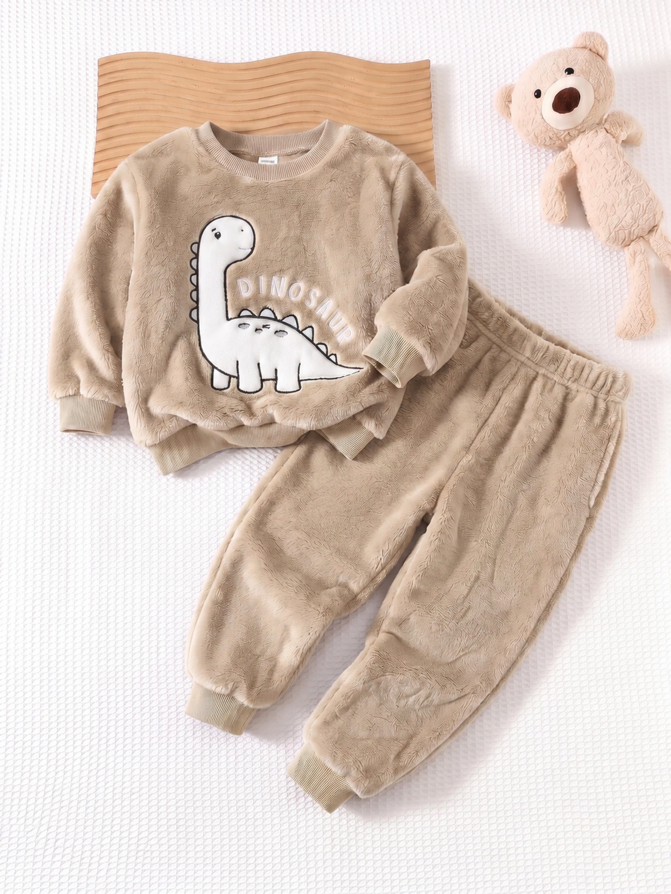 Conjunto Infantil Menino Moletom Pelúcia Dinossauro e Calça Caqui