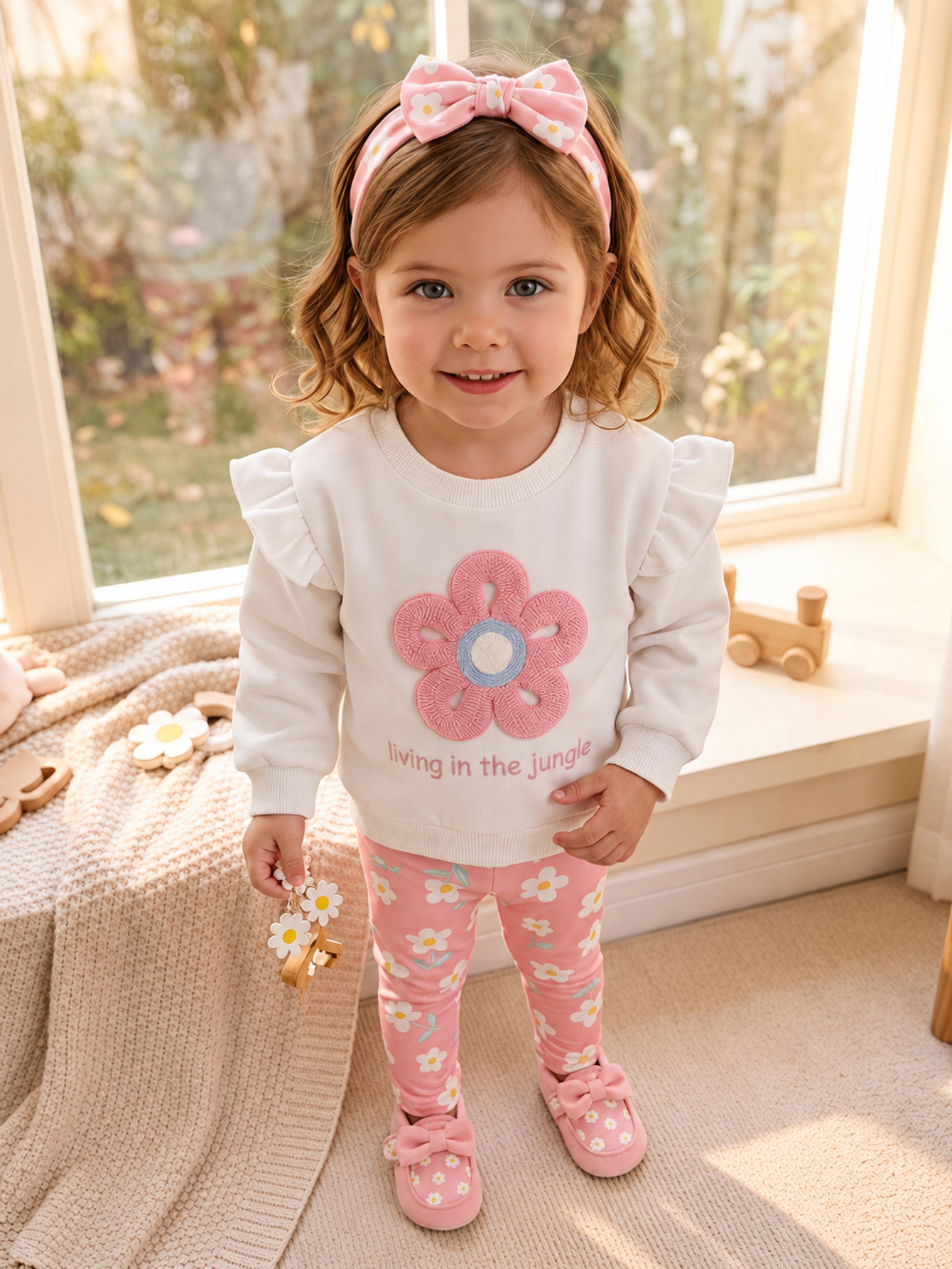 Conjunto Infantil Menina Moletom Flor 3D e Calça Floral Rosa