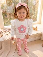 Conjunto Infantil Menina Moletom Flor 3D e Calça Floral Rosa