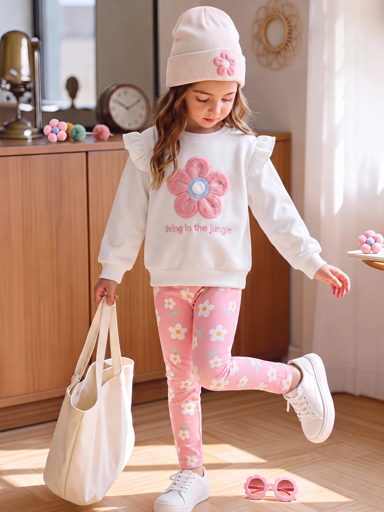 Conjunto Infantil Menina Moletom Flor 3D e Calça Floral Rosa