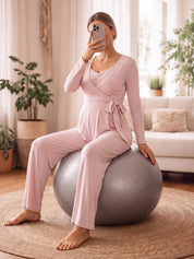 Conjunto Gestante 3 Peças Regata, Blusa Transpassada e Calça Flare - Rosa