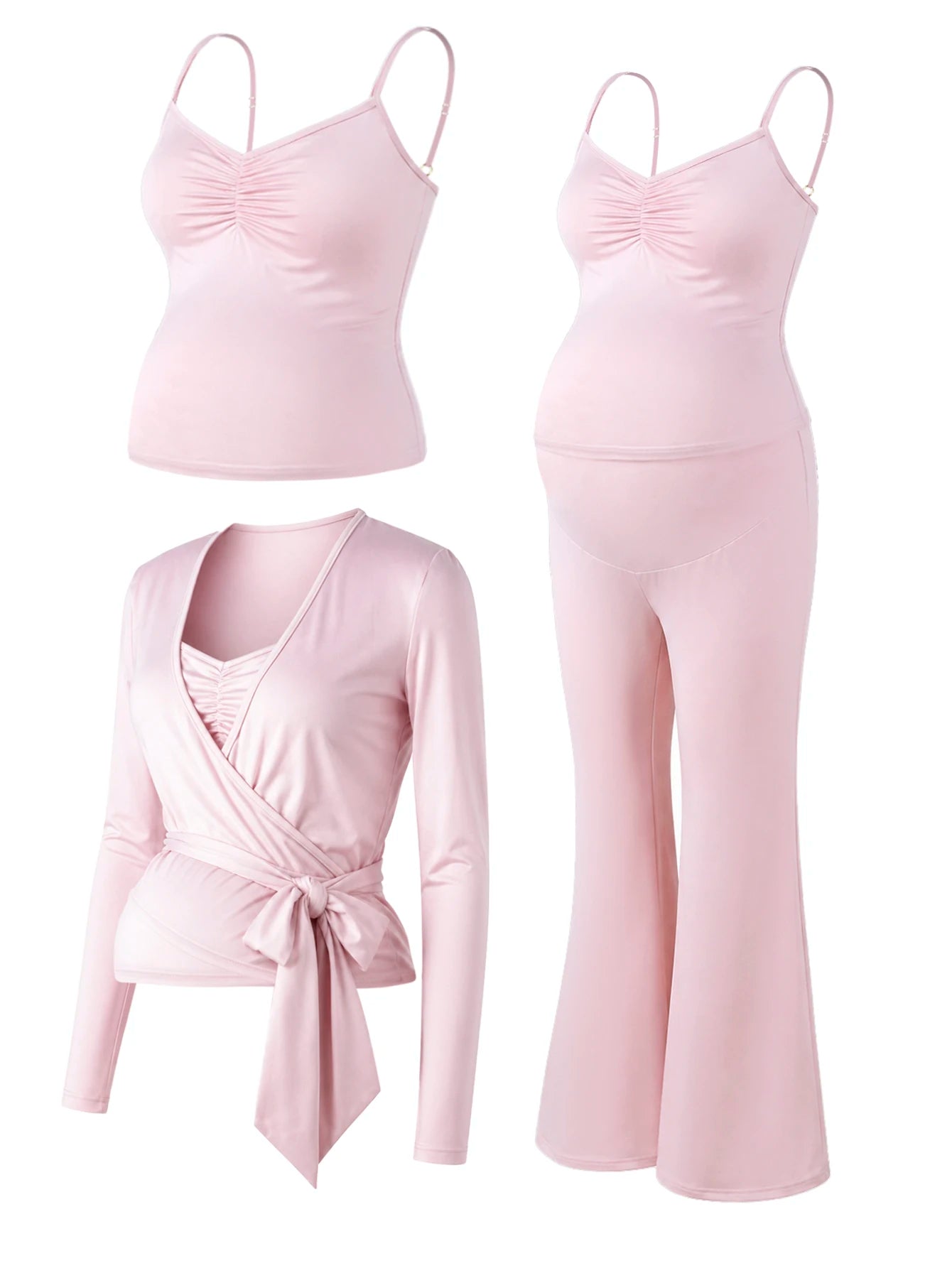 Conjunto Gestante 3 Peças Regata, Blusa Transpassada e Calça Flare - Rosa