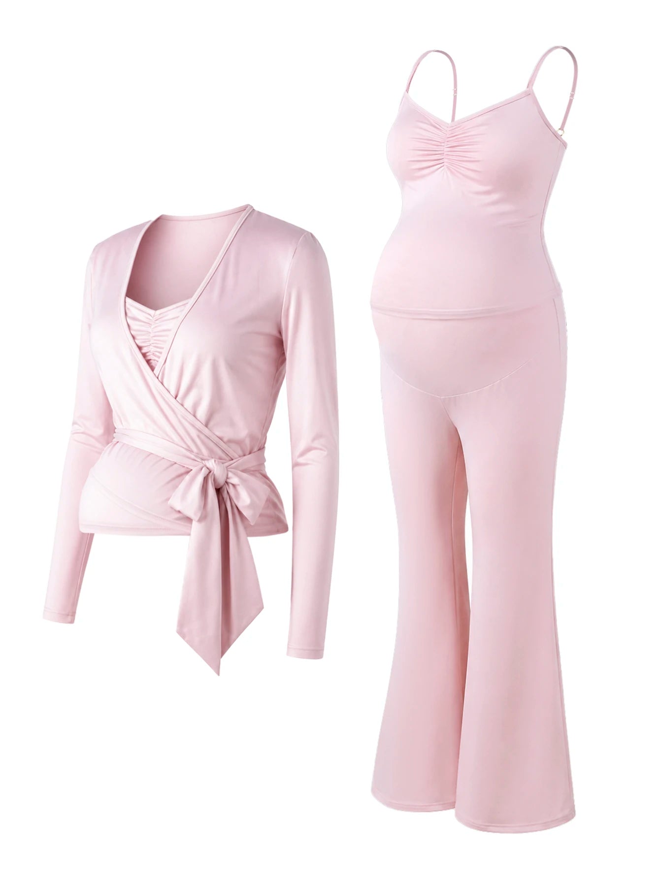 Conjunto Gestante 3 Peças Regata, Blusa Transpassada e Calça Flare - Rosa