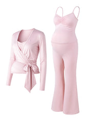 Conjunto Gestante 3 Peças Regata, Blusa Transpassada e Calça Flare - Rosa