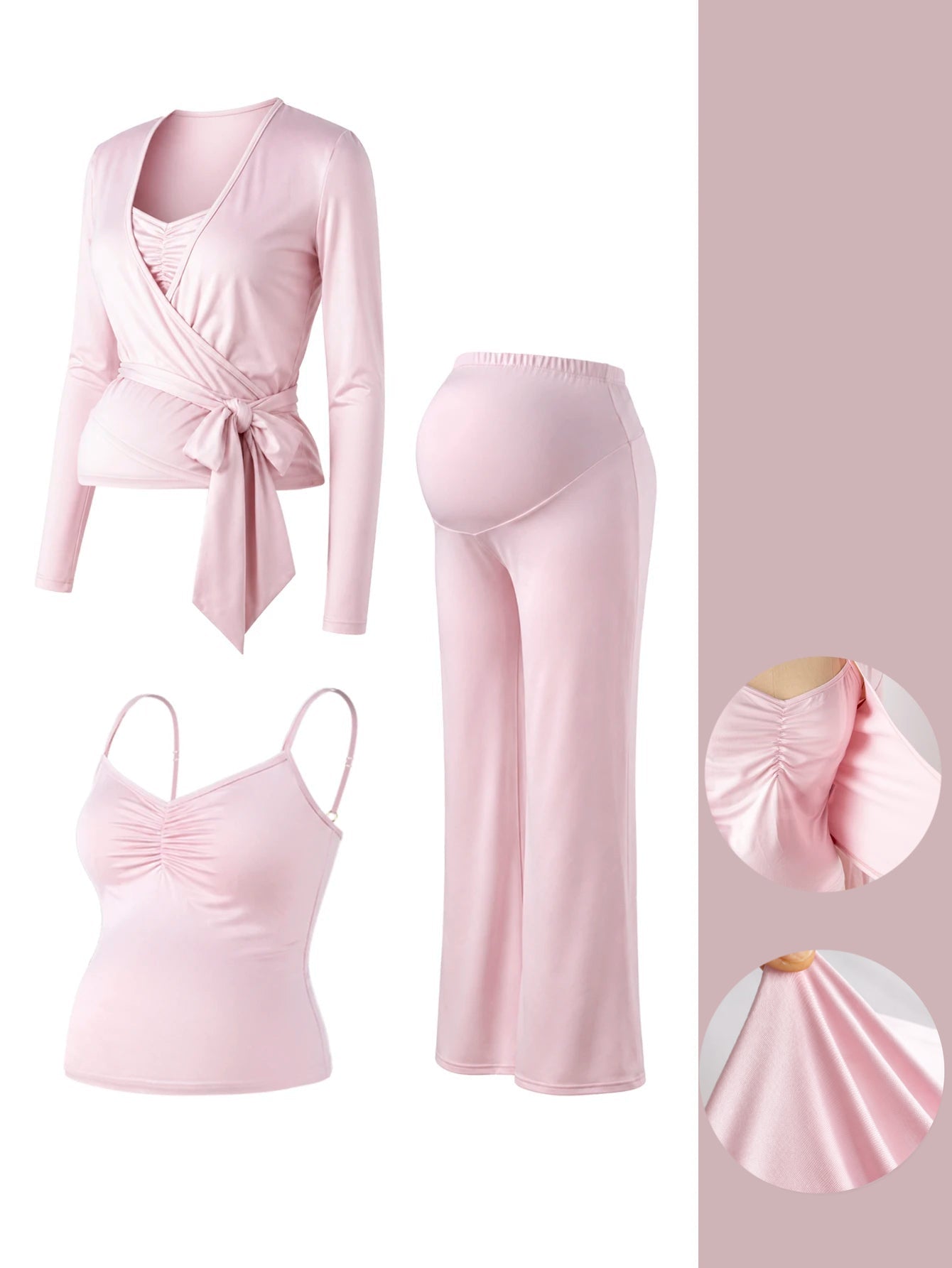 Conjunto gestante rosa de três peças com detalhes do franzido e do tecido