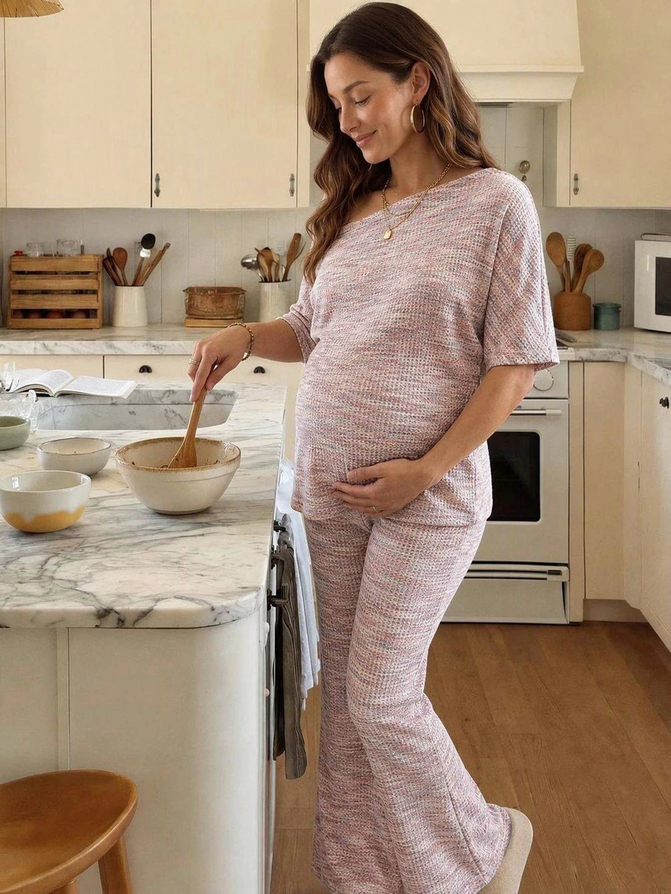 Conjunto Gestante Blusa Assimétrica Manga Morcego e Calça Flare - Rosa