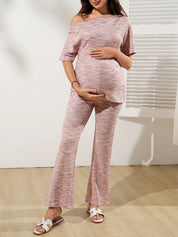 Conjunto Gestante Blusa Assimétrica Manga Morcego e Calça Flare - Rosa