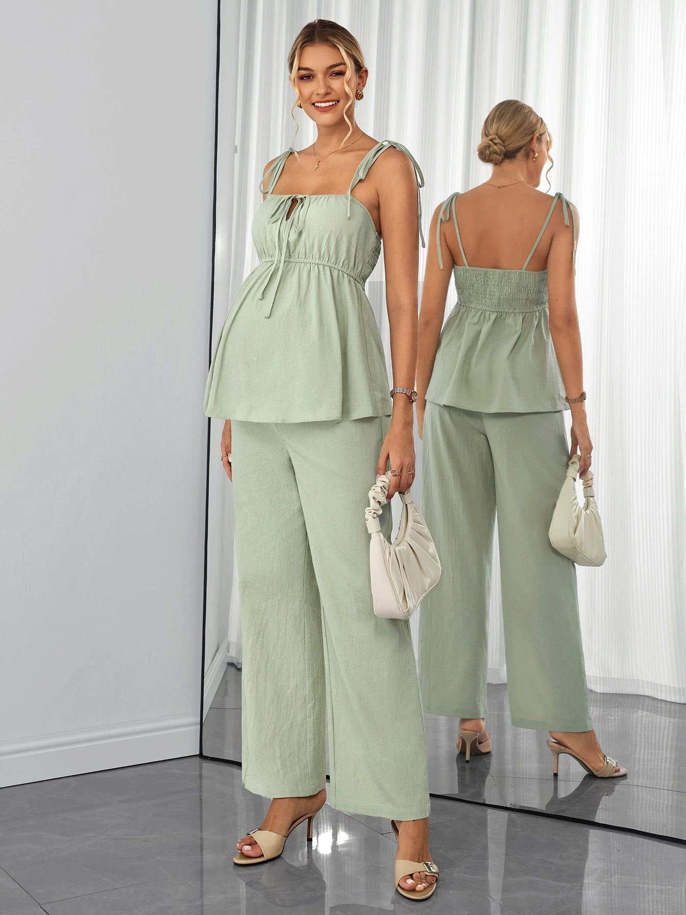 Conjunto Gestante Blusa de Alças com Amarração e Calça Pantalona - Verde menta