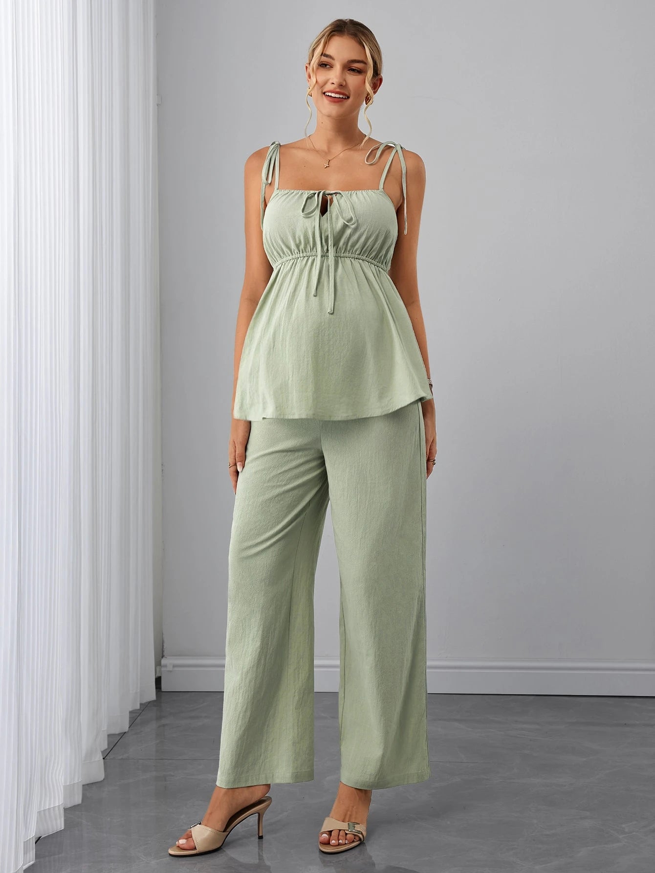 Conjunto Gestante Blusa de Alças com Amarração e Calça Pantalona - Verde menta