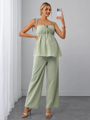Conjunto Gestante Blusa de Alças com Amarração e Calça Pantalona - Verde menta
