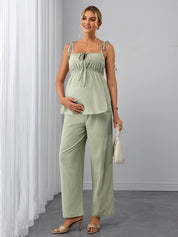 Conjunto Gestante Blusa de Alças com Amarração e Calça Pantalona - Verde menta