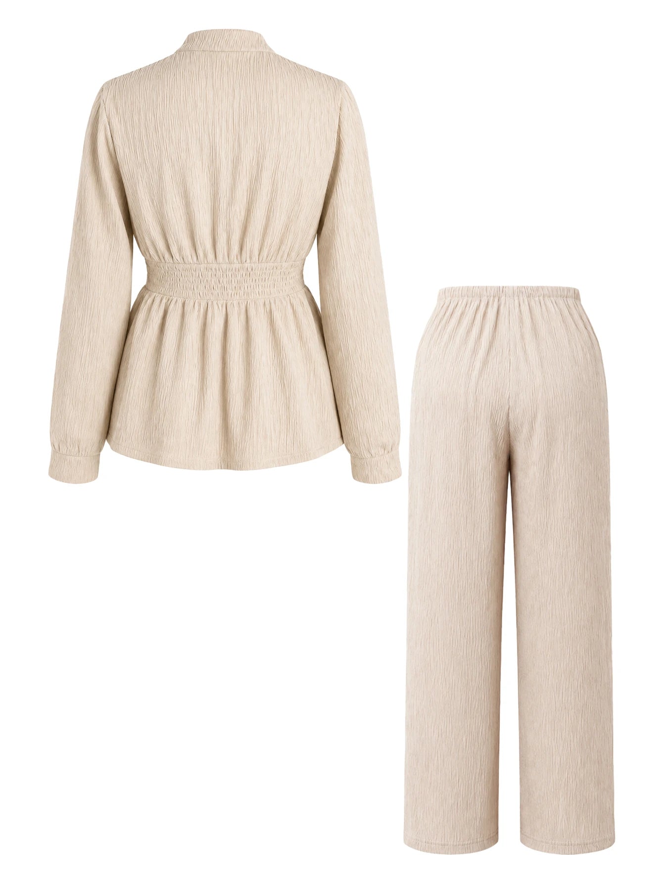 Conjunto Gestante Blusa Plissada Decote V com Faixa e Calça Pantalona - Off-white