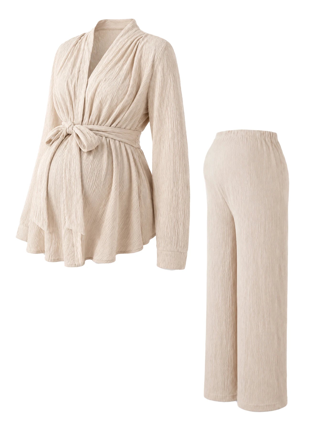 Conjunto Gestante Blusa Plissada Decote V com Faixa e Calça Pantalona - Off-white
