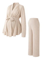 Conjunto Gestante Blusa Plissada Decote V com Faixa e Calça Pantalona - Off-white