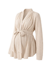 Conjunto Gestante Blusa Plissada Decote V com Faixa e Calça Pantalona - Off-white