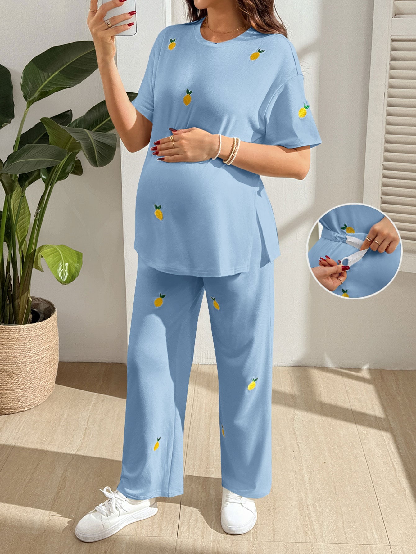 Conjunto Gestante Camiseta e Calça com Bordado de Limão - Azul claro