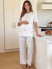 Conjunto Gestante Camiseta e Calça com Bordado de Limão - Branco