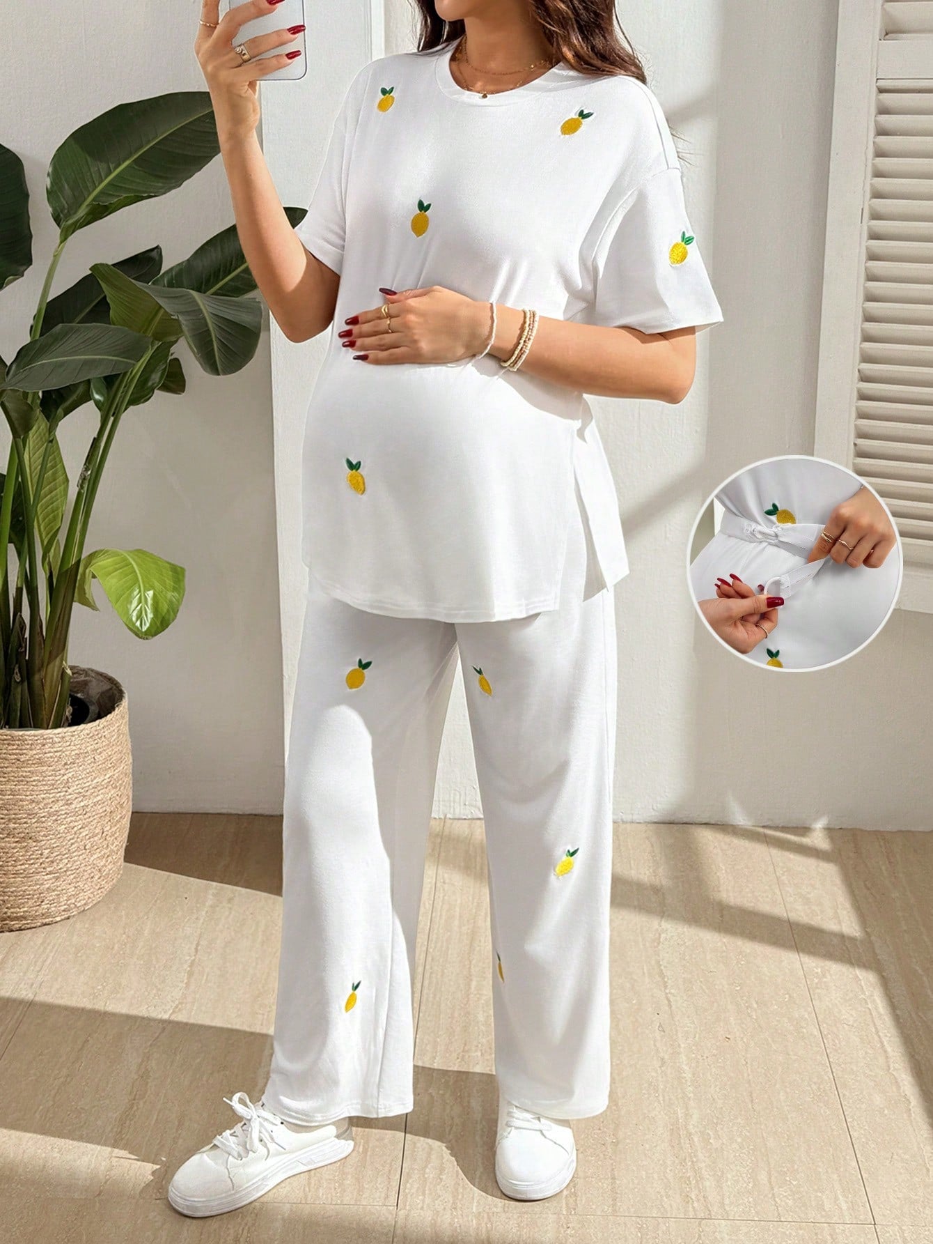 Conjunto Gestante Camiseta e Calça com Bordado de Limão - Branco
