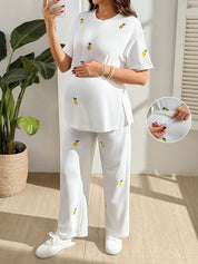 Conjunto Gestante Camiseta e Calça com Bordado de Limão - Branco