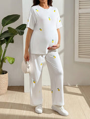 Conjunto Gestante Camiseta e Calça com Bordado de Limão - Branco