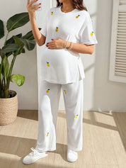 Conjunto Gestante Camiseta e Calça com Bordado de Limão - Branco