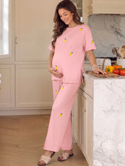 Conjunto Gestante Camiseta e Calça com Bordado de Limão - Rosa