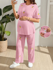 Conjunto Gestante Camiseta e Calça com Bordado de Limão - Rosa