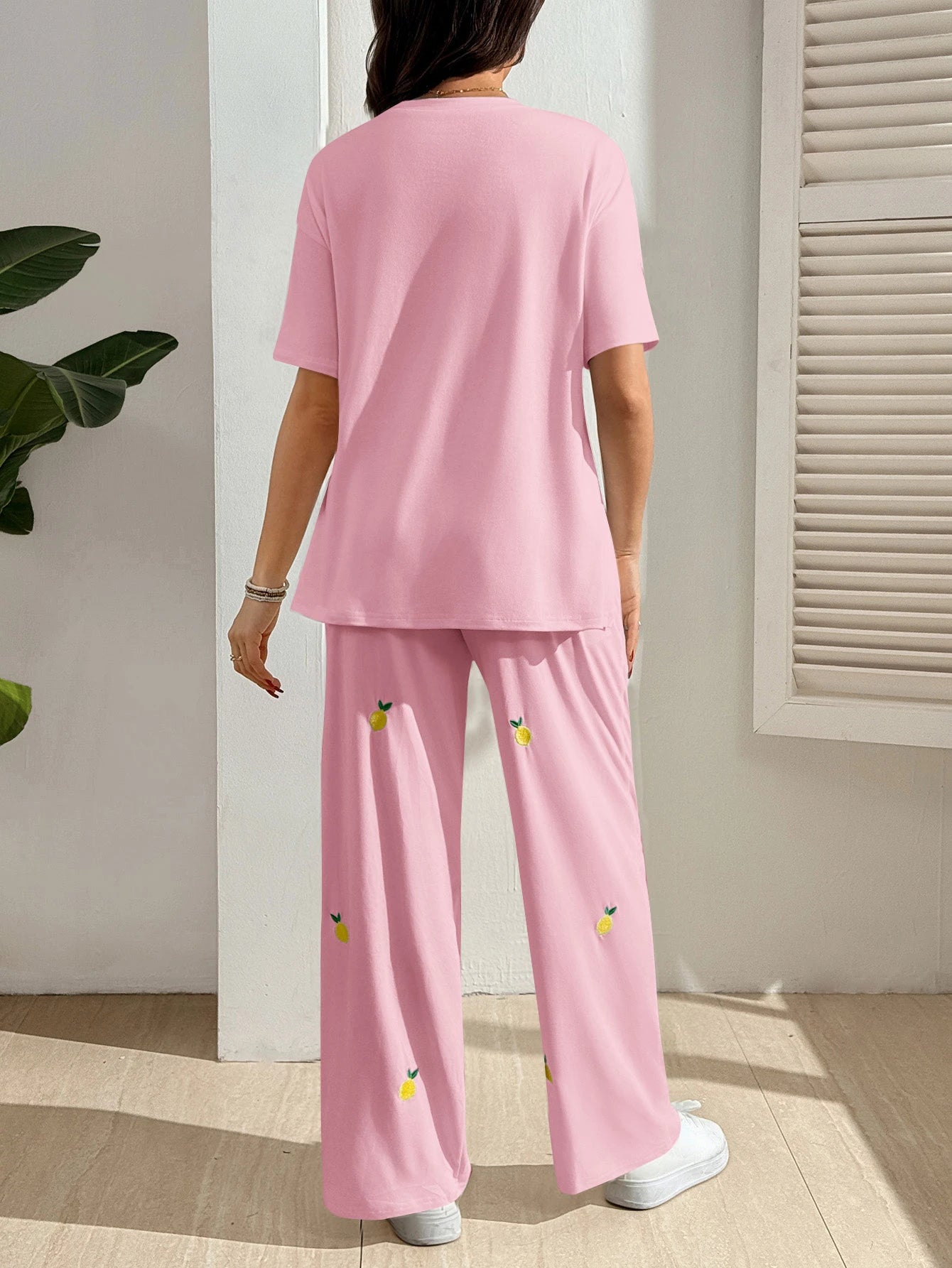 Conjunto Gestante Camiseta e Calça com Bordado de Limão - Rosa