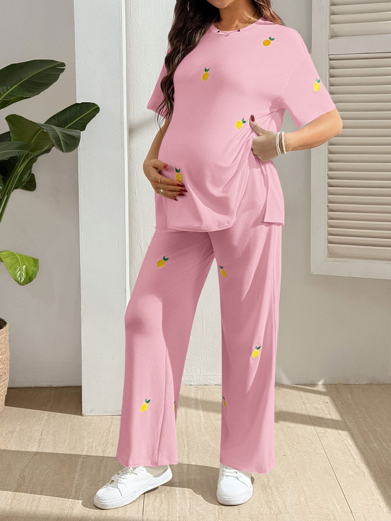 Conjunto Gestante Camiseta e Calça com Bordado de Limão - Rosa