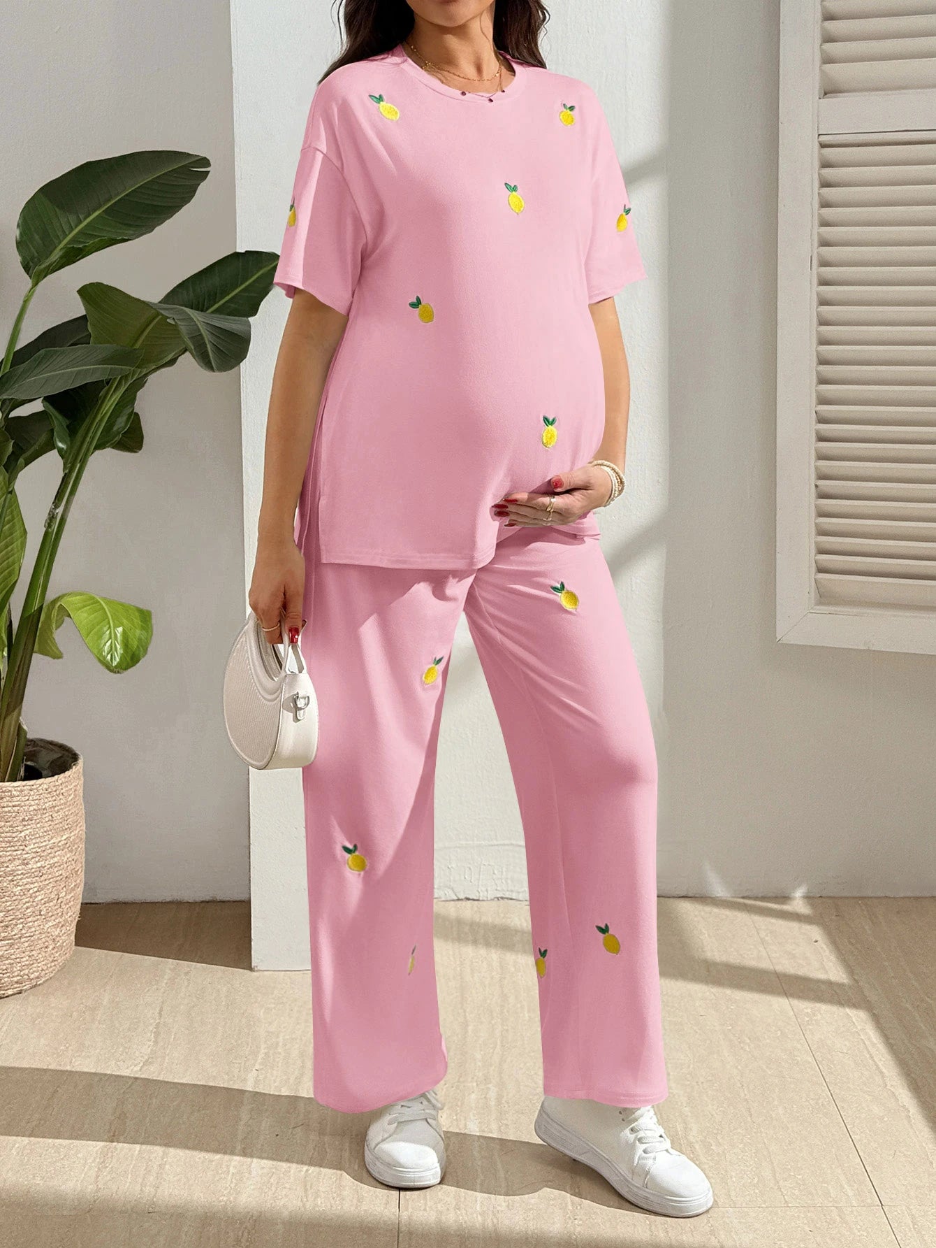 Conjunto Gestante Camiseta e Calça com Bordado de Limão - Rosa