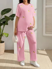 Conjunto Gestante Camiseta e Calça com Bordado de Limão - Rosa