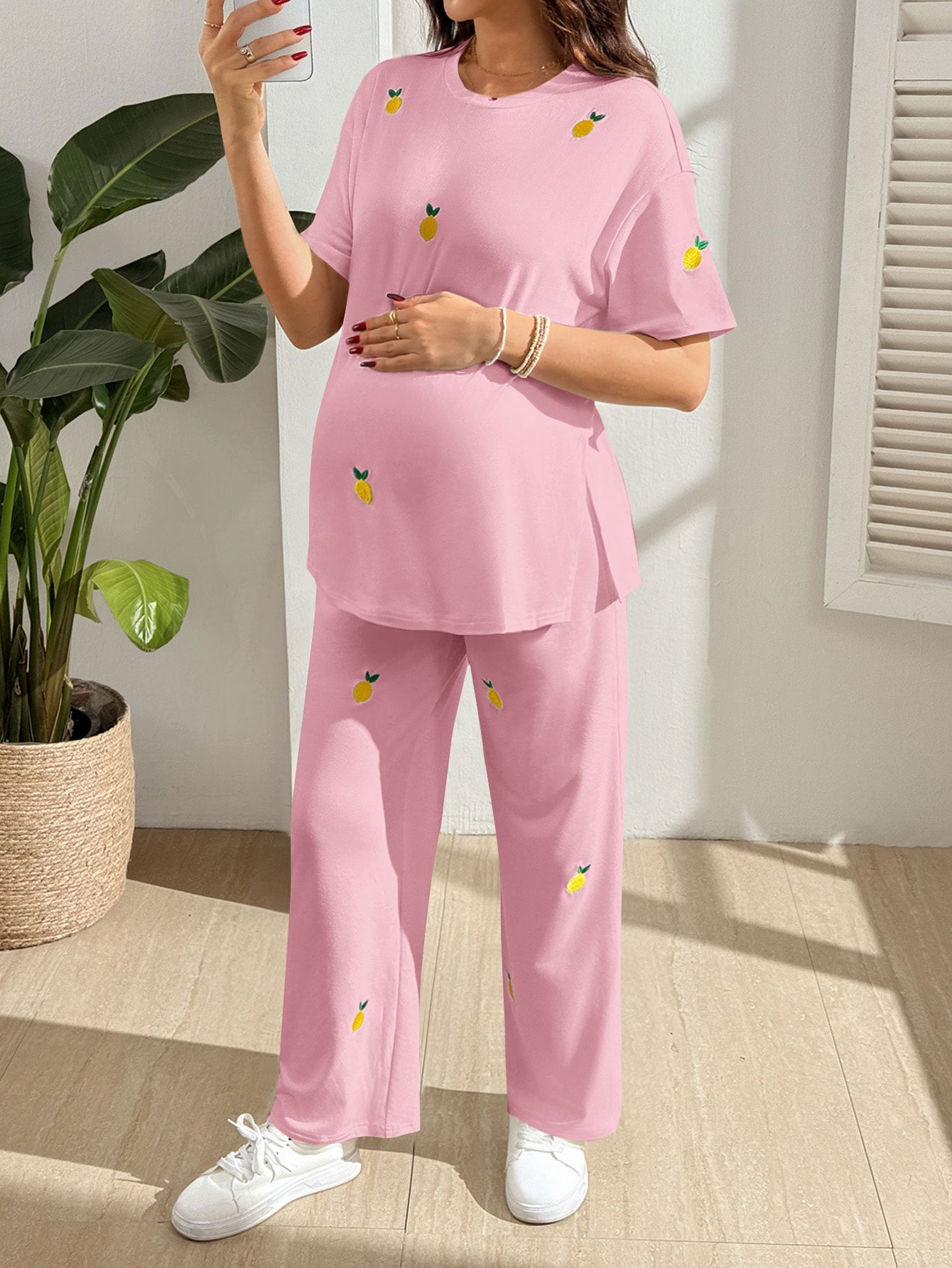 Conjunto Gestante Camiseta e Calça com Bordado de Limão - Rosa
