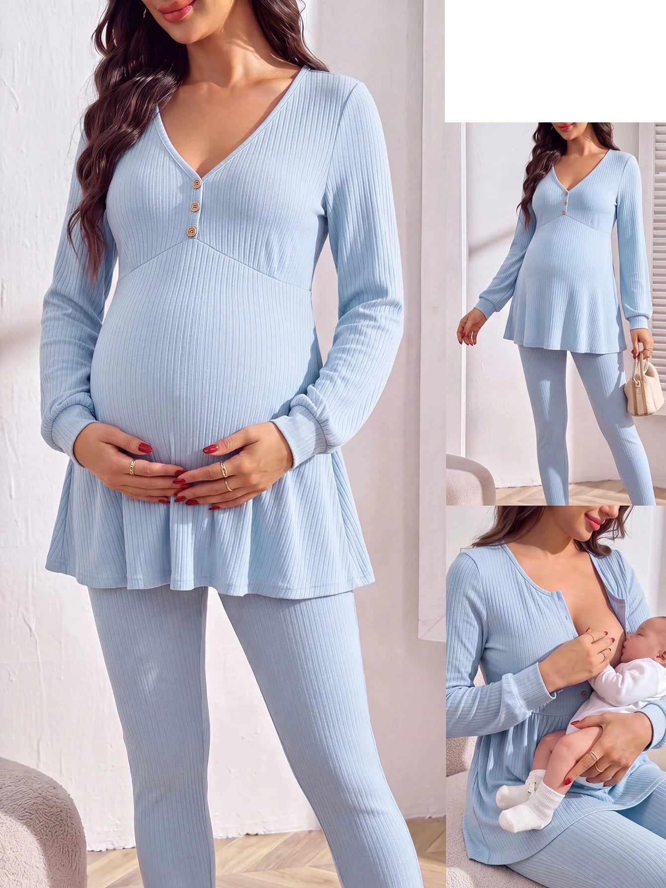 Conjunto Gestante Blusa Peplum com Botões e Calça - Azul claro