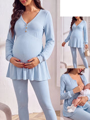 Conjunto Gestante Blusa Peplum com Botões e Calça - Azul claro