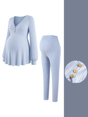 Conjunto Gestante Blusa Peplum com Botões e Calça - Azul claro