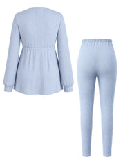 Conjunto Gestante Blusa Peplum com Botões e Calça - Azul claro