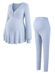 Conjunto Gestante Blusa Peplum com Botões e Calça - Azul claro