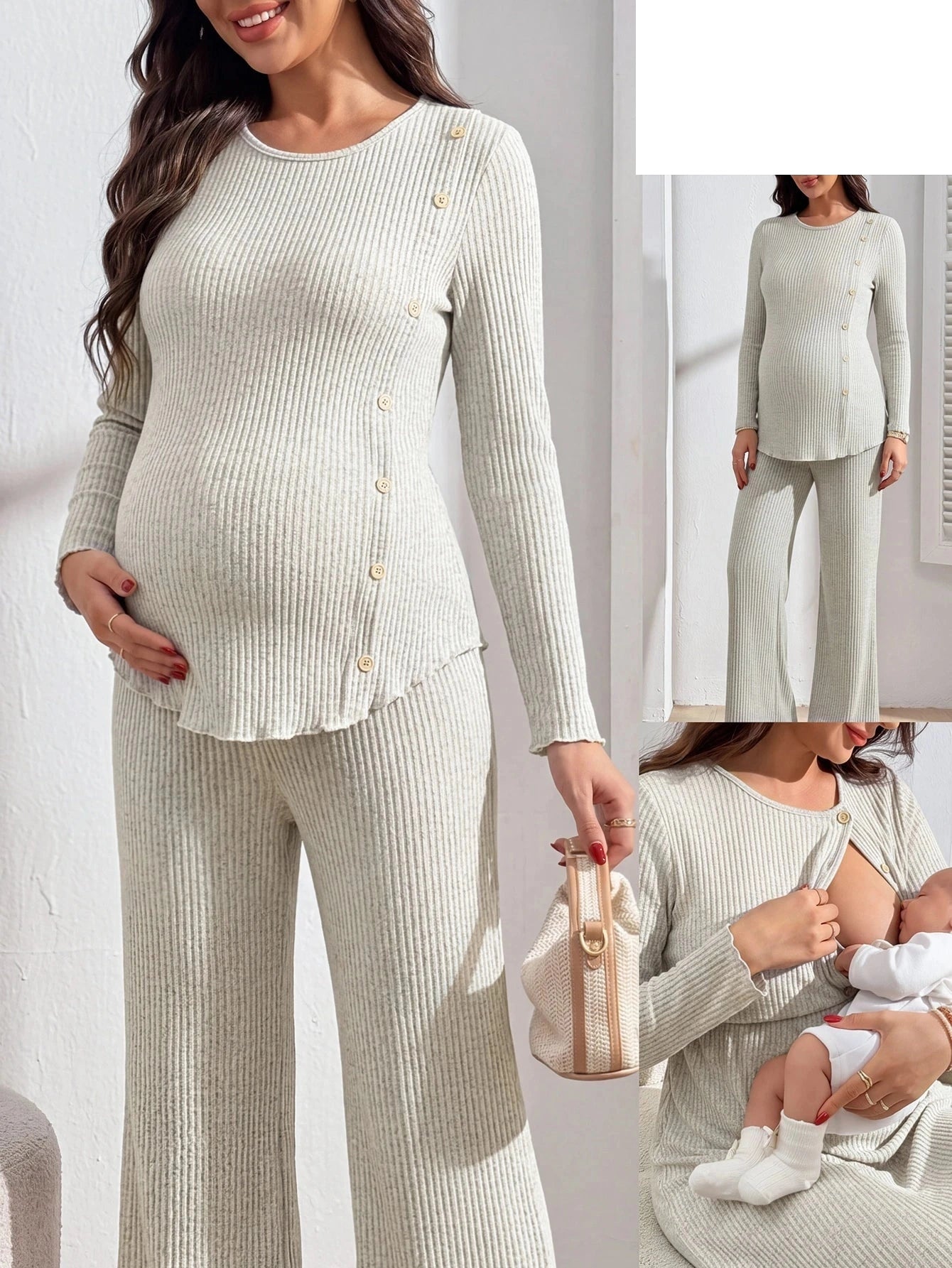 Conjunto gestante canelado blusa manga longa e calça pantalona - imagem 1