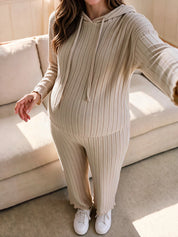 Conjunto Gestante Canelado Blusa com Capuz e Calça Perna Larga - Bege