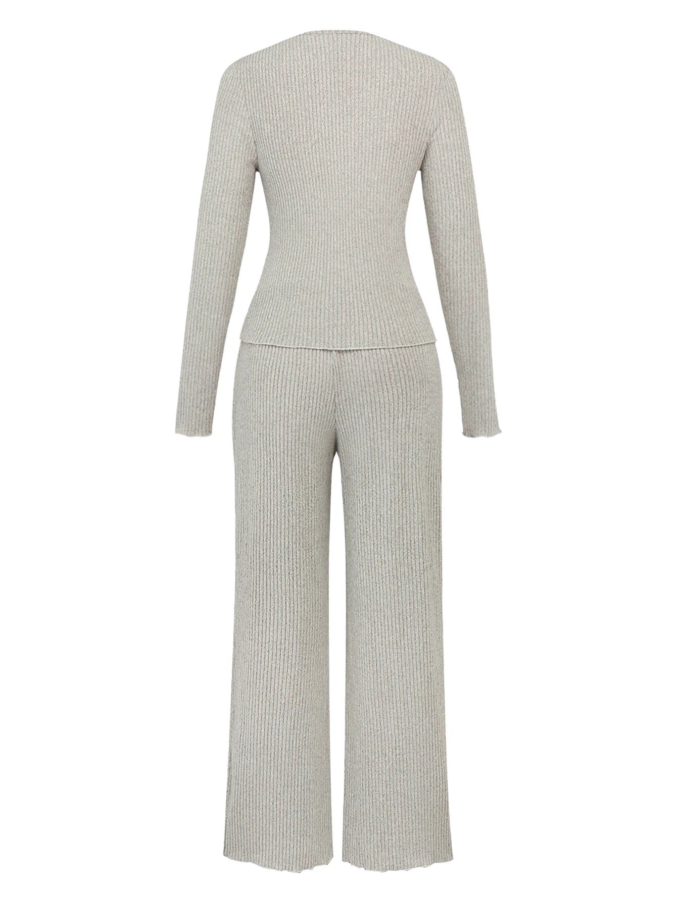 Conjunto Gestante Canelado Blusa Manga Longa e Calça Pantalona - Cinza claro